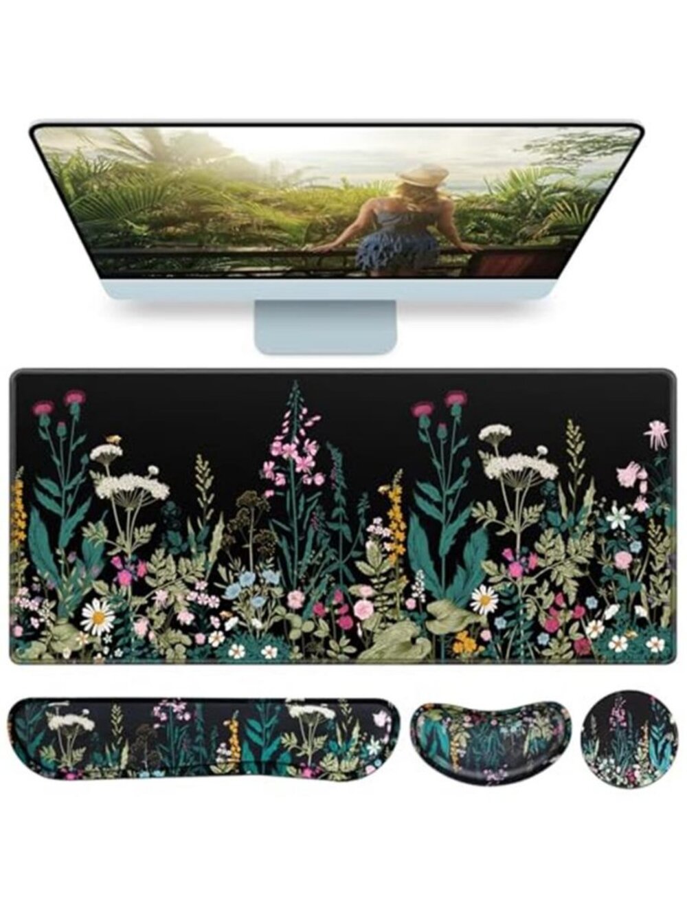 Desk Mat, Large Gaming Mouse Pad with Wrist Rest, 4in1 XXL Mousepad Floral